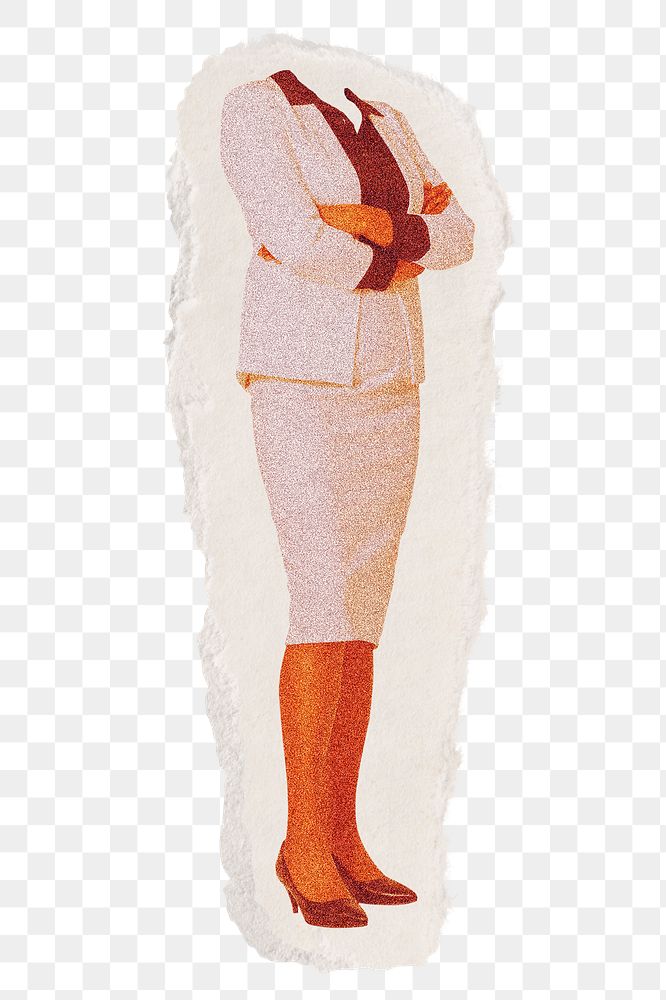 Business woman png in red and white suit with arm crossed ripped collage element on transparent background