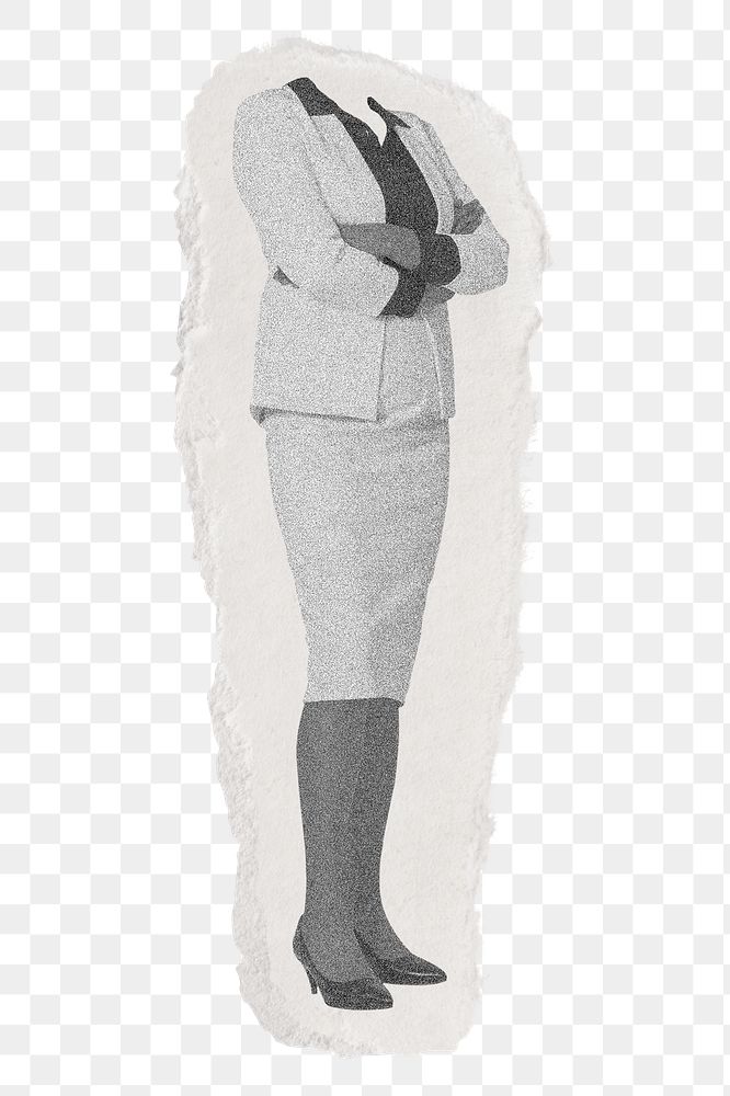 Business woman png in black and white with arm crossed ripped collage element on transparent background