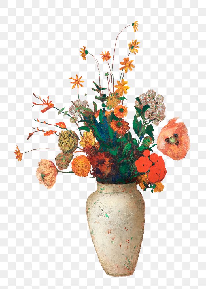 Png Odilon Redon's Bouquet in a Chinese vase sticker, famous flower artwork on transparent background, remastered by rawpixel