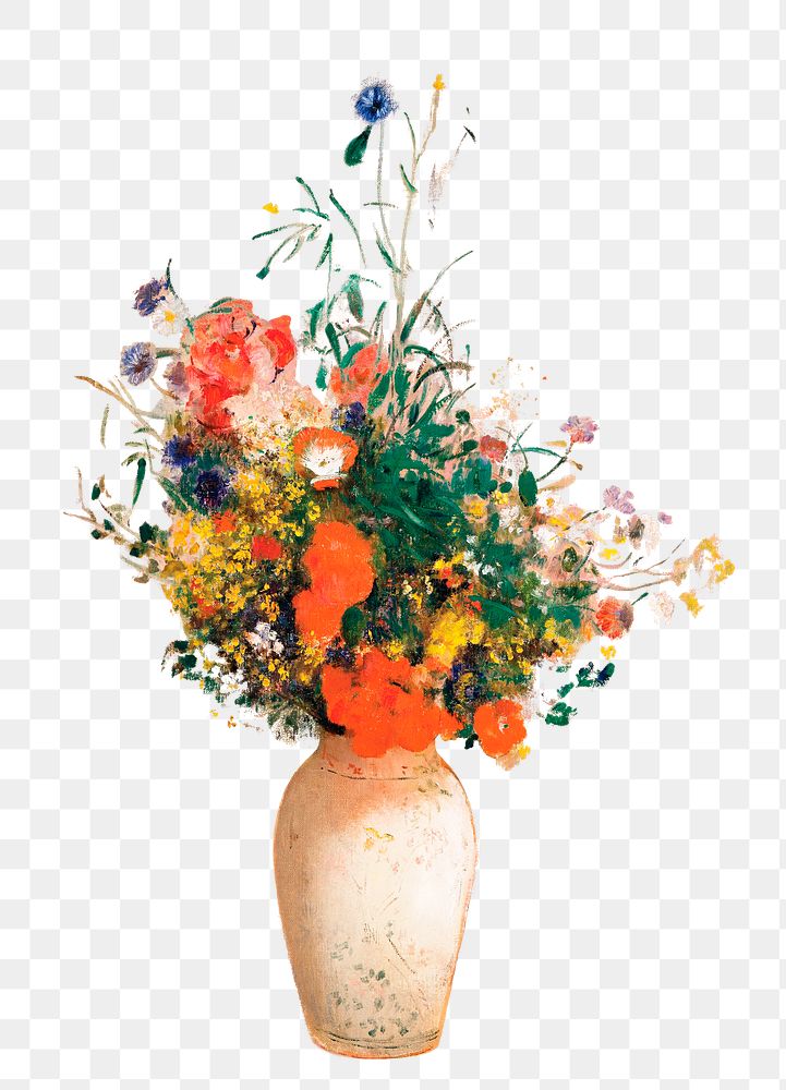 Png Odilon Redon's Vase of Flowers sticker, vintage flower artwork on transparent background, remasted by rawpixel