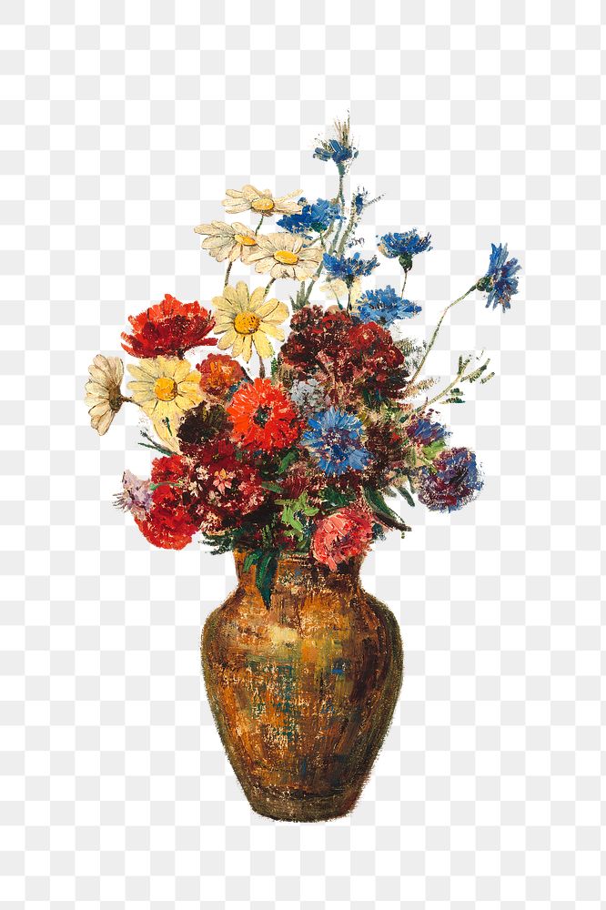 Png Odilon Redon's Flowers in a Vase sticker, vintage flower artwork on transparent background, remastered by rawpixel
