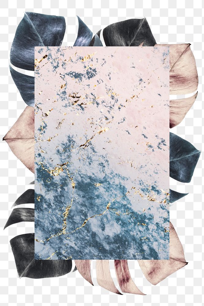 Monstera leaf with pink and blue marble textured background design element