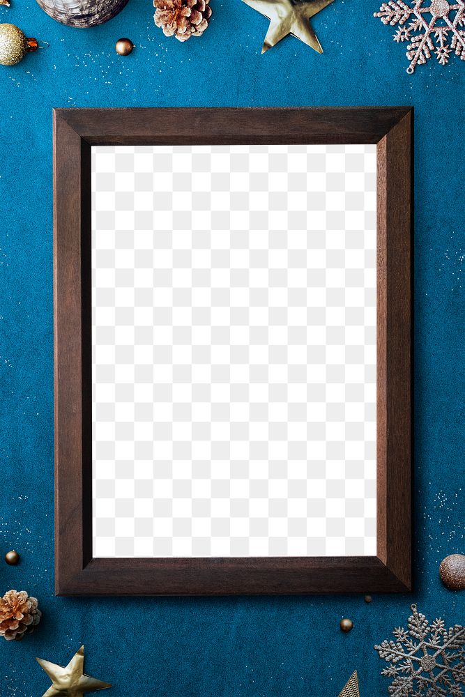 Brown Christmas picture frame mockup on a blue background