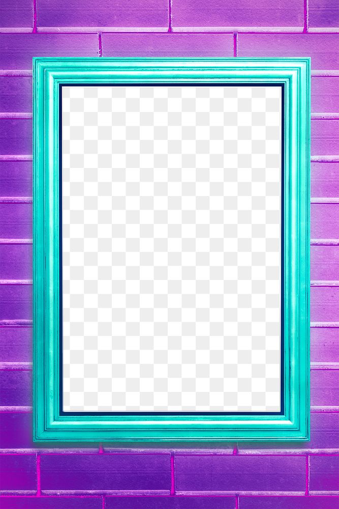 Turquoise picture frame mockup on a purple brick wall 