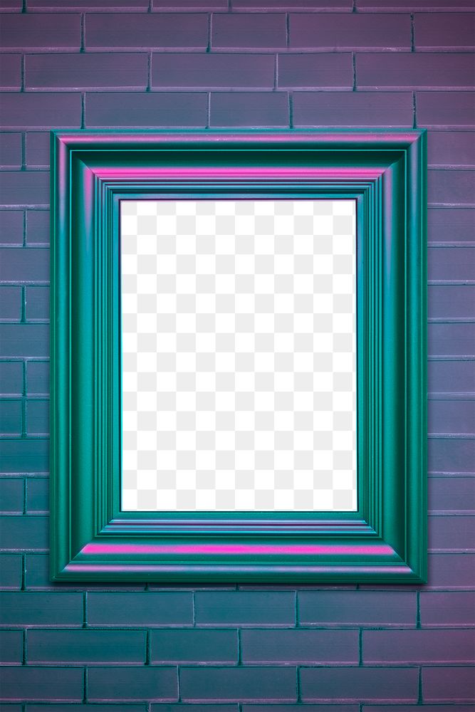 Purple picture frame mockup on a brick wall 