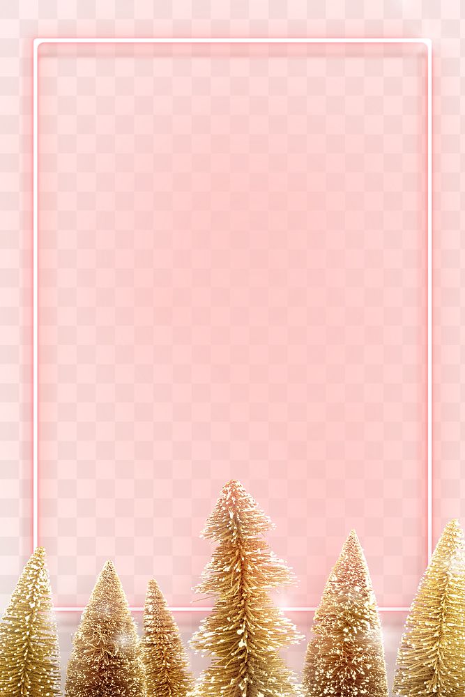 Pink neon frame with gold Christmas trees background transparent png