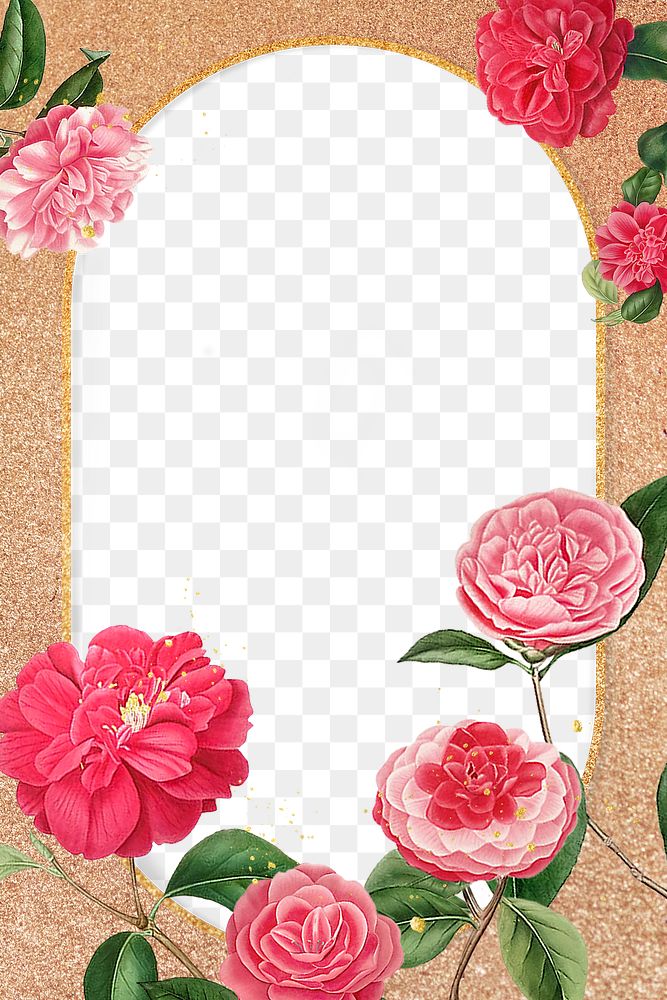 Red and pink camellia flower patterned blank frame transparent png