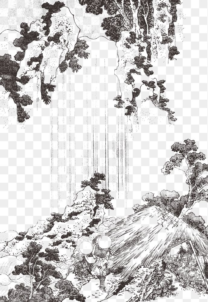 Yoro waterfall vintage illustration transparent png, remix of original illustration by Hokusai.