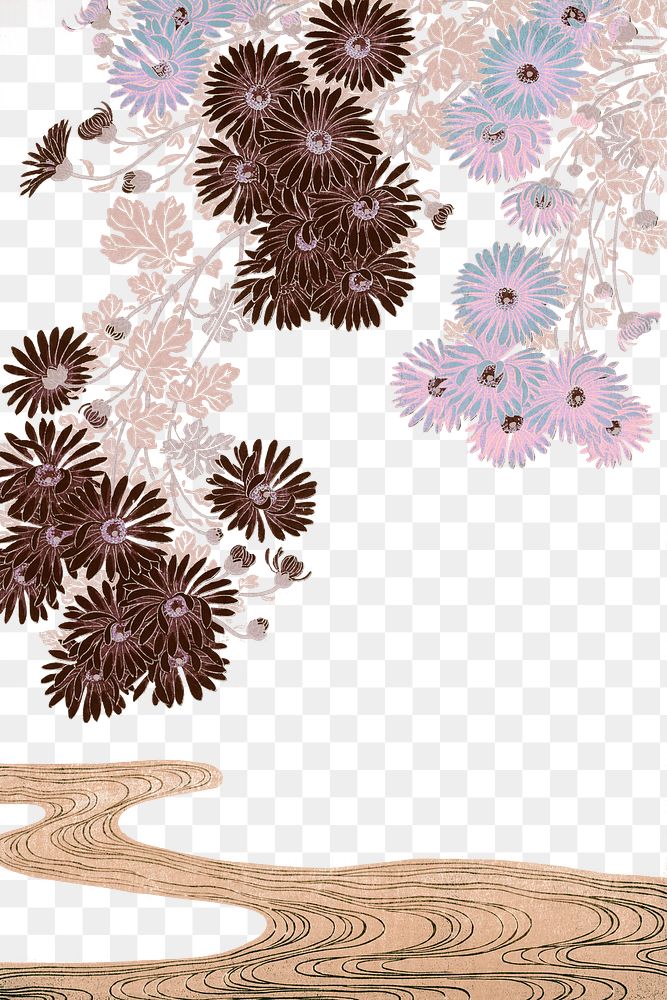 Vintage chrysanthemums​​​​​​ flowers over the stream illustration transparent png design remix from Ohara Koson.