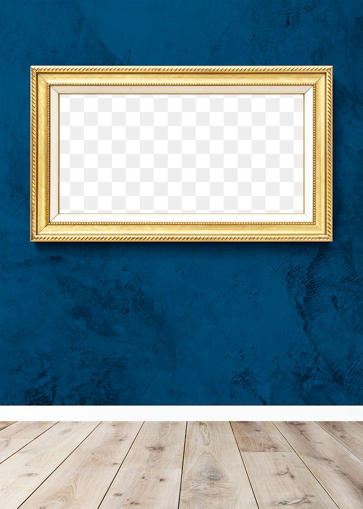 Luxurious baroque frame mockup hanging on a dark blue wall