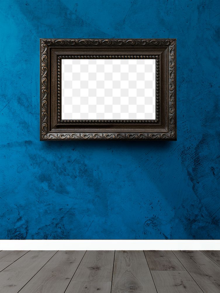 Baroque picture frame mockup on a blue wall