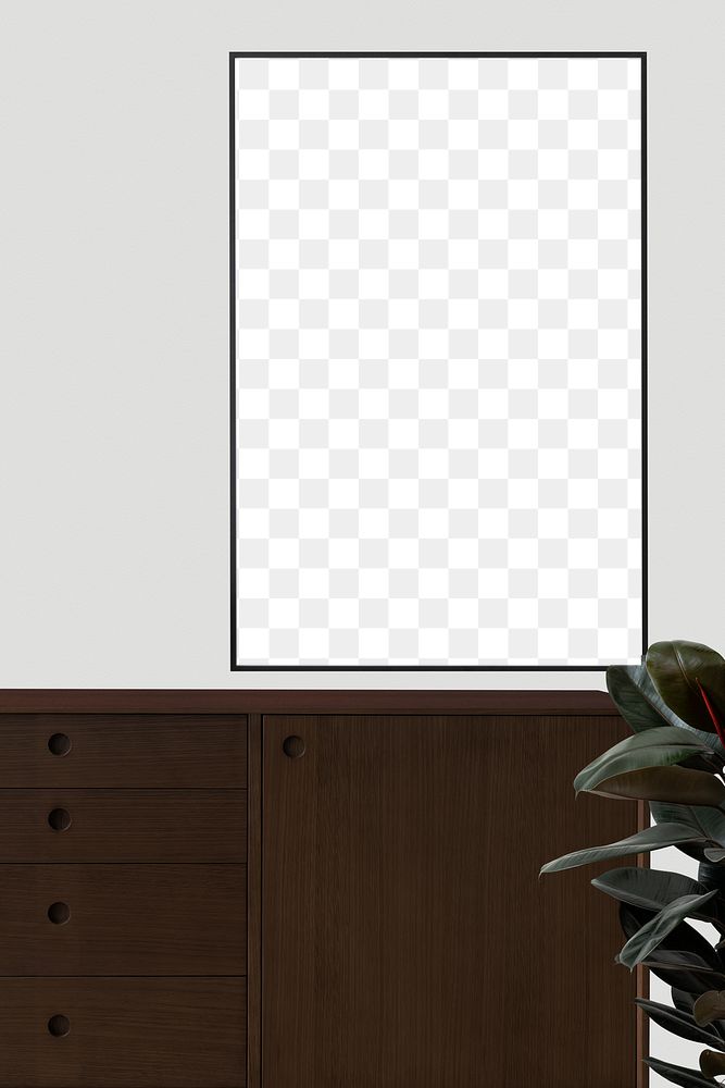 Blank frame mockup on a wooden cabinet