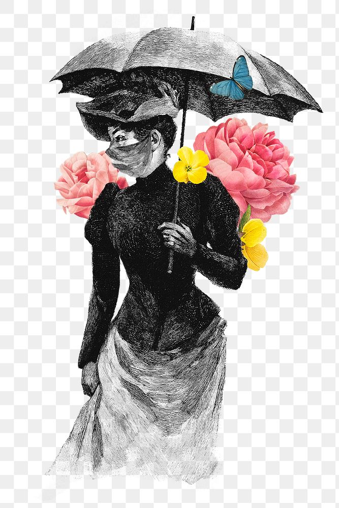 Vintage Victorian lady with flower decoration wearing a mask illustration transparent png