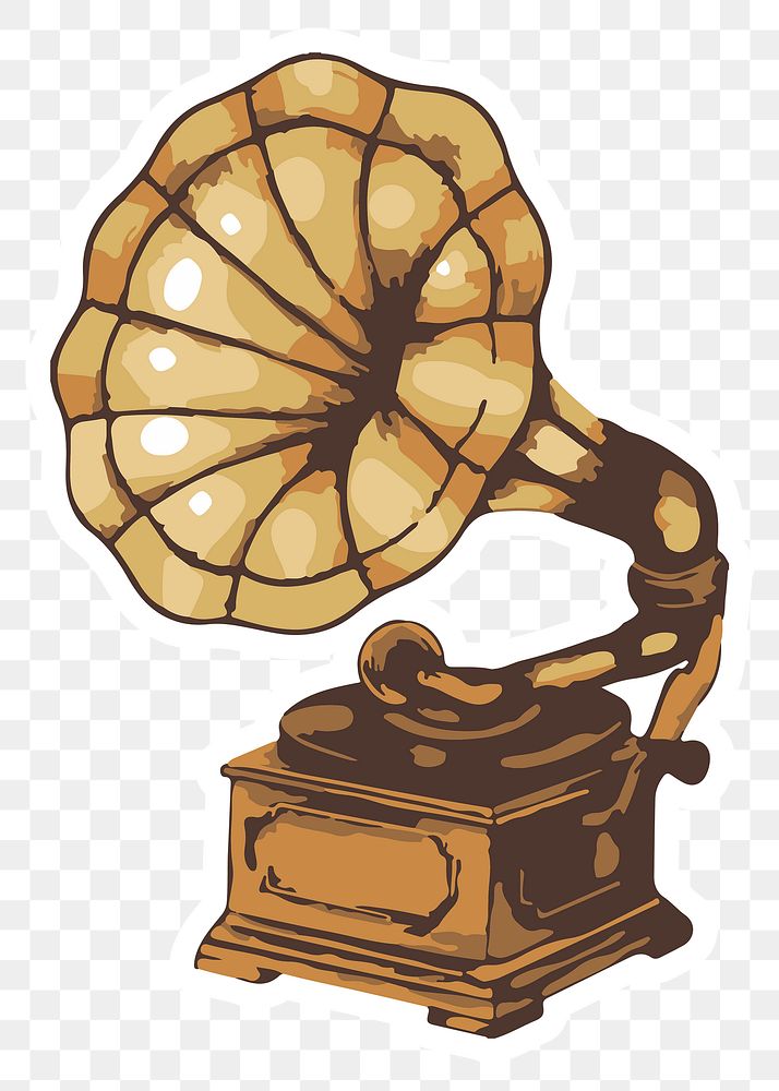 Vectorized vintage Gramophone sticker with a white border