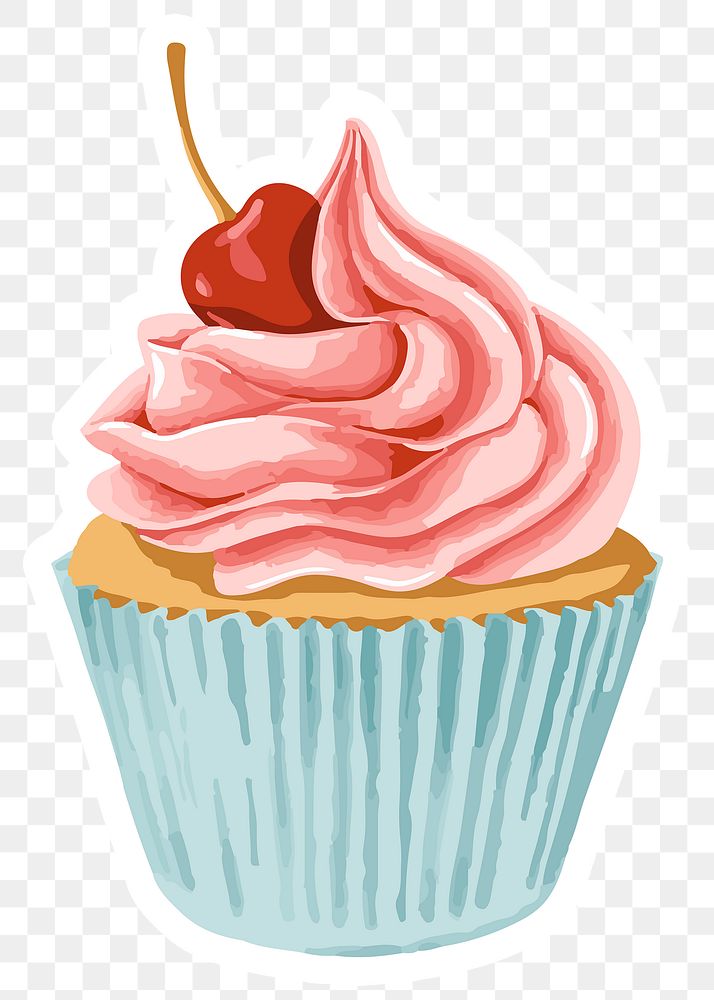 Vectorized cupcake topped with maraschino cherry sticker overlay with a white border 