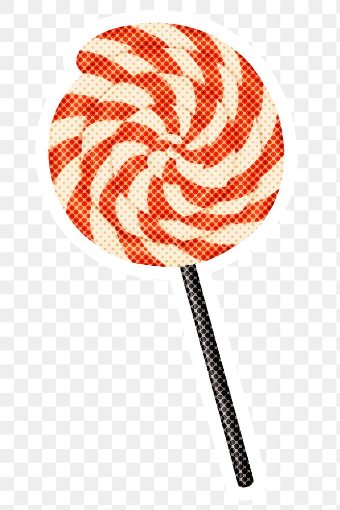 Hand drawn swirl lollipop halftone style sticker overlay with a white border