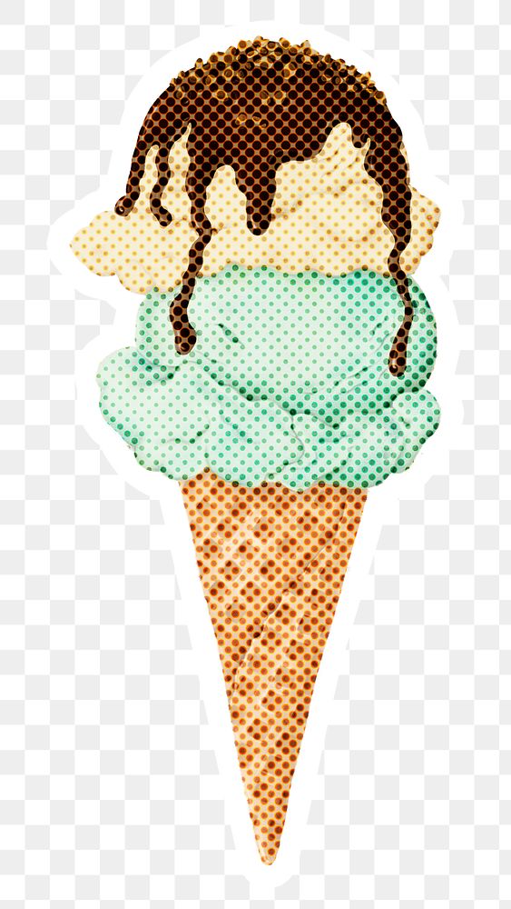 Hand drawn ice cream cone halftone style sticker overlay with a white border