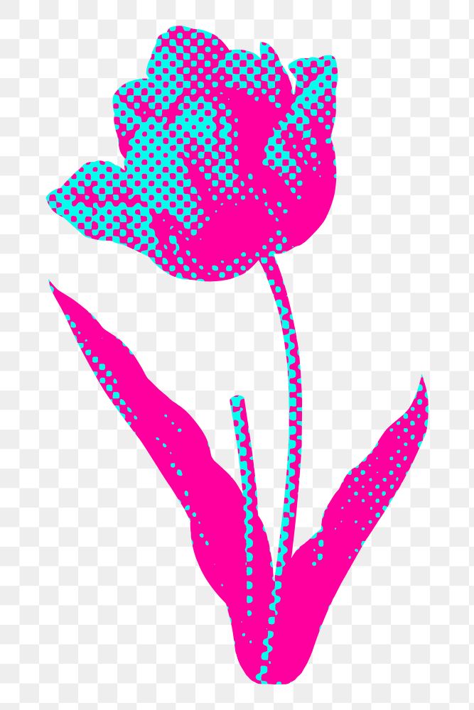 Hand drawn funky tulip flower halftone style sticker overlay