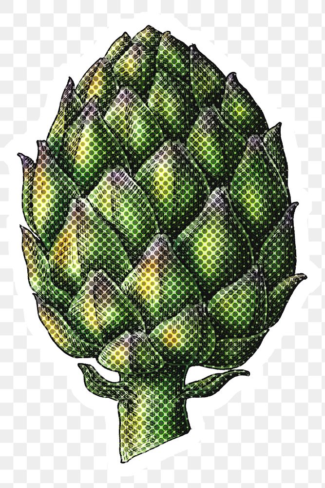 Halftone artichoke sticker with a white border