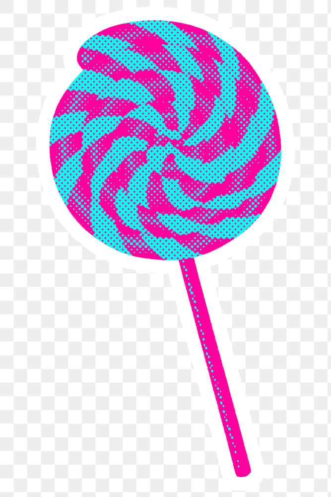 Hand drawn funky swirl lollipop halftone style sticker overlay with a white border