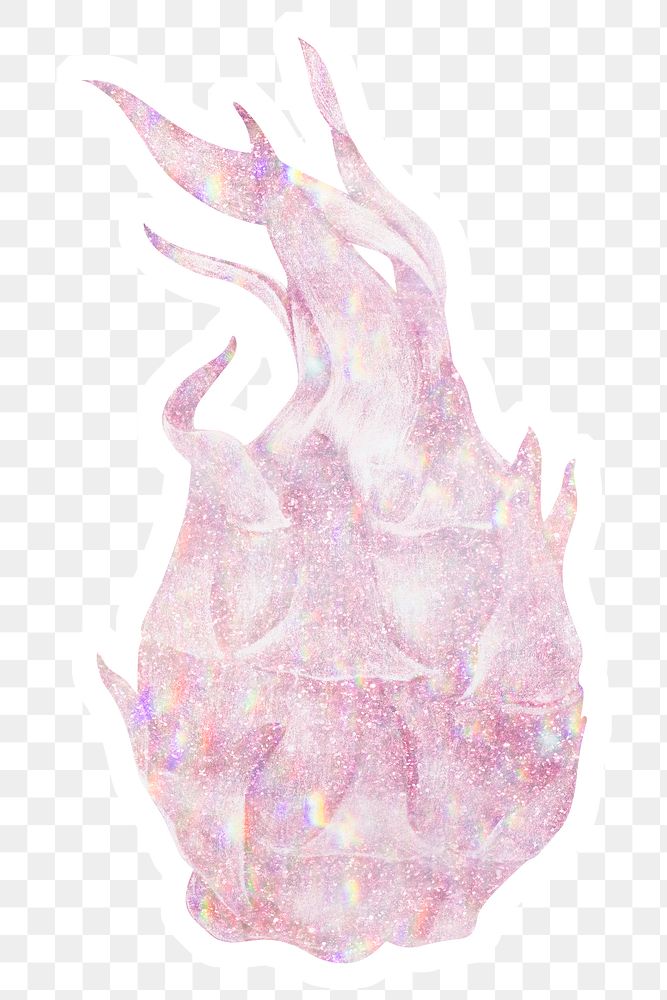 Sparkling pink dragon fruit holographic style sticker design element with white border