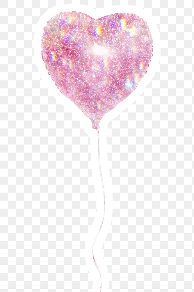 Pink holographic heart shaped balloon sticker with white border