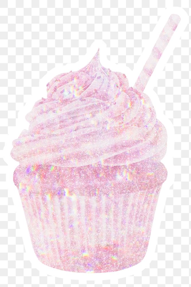 Pink holographic cupcake sticker with a white border