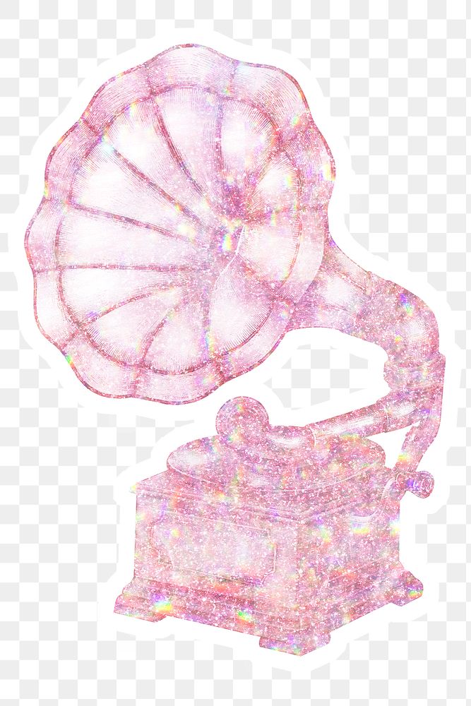 Pink holographic gramophone sticker with a white border