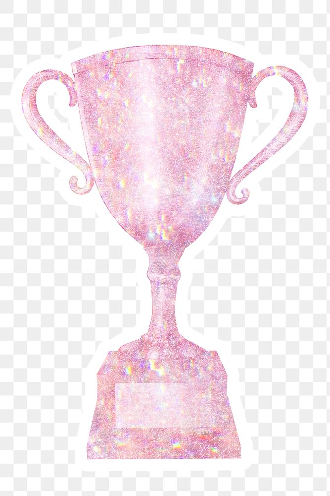 Pink holographic trophy sticker with a white border
