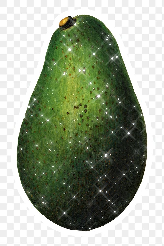 Hand drawn sparkling avocado sticker with white border