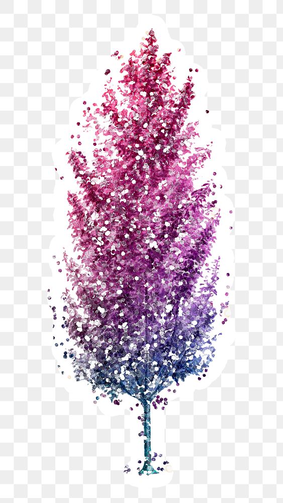 Glittery purple spruce tree sticker overlay with a white border design element