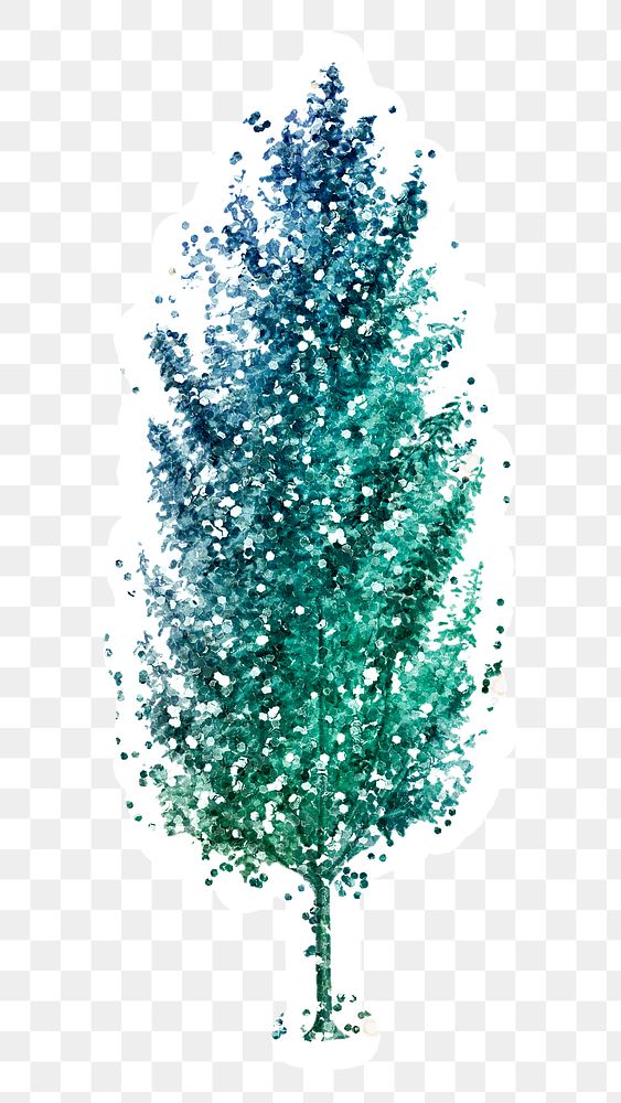 Glittery green spruce tree sticker overlay with a white border design element