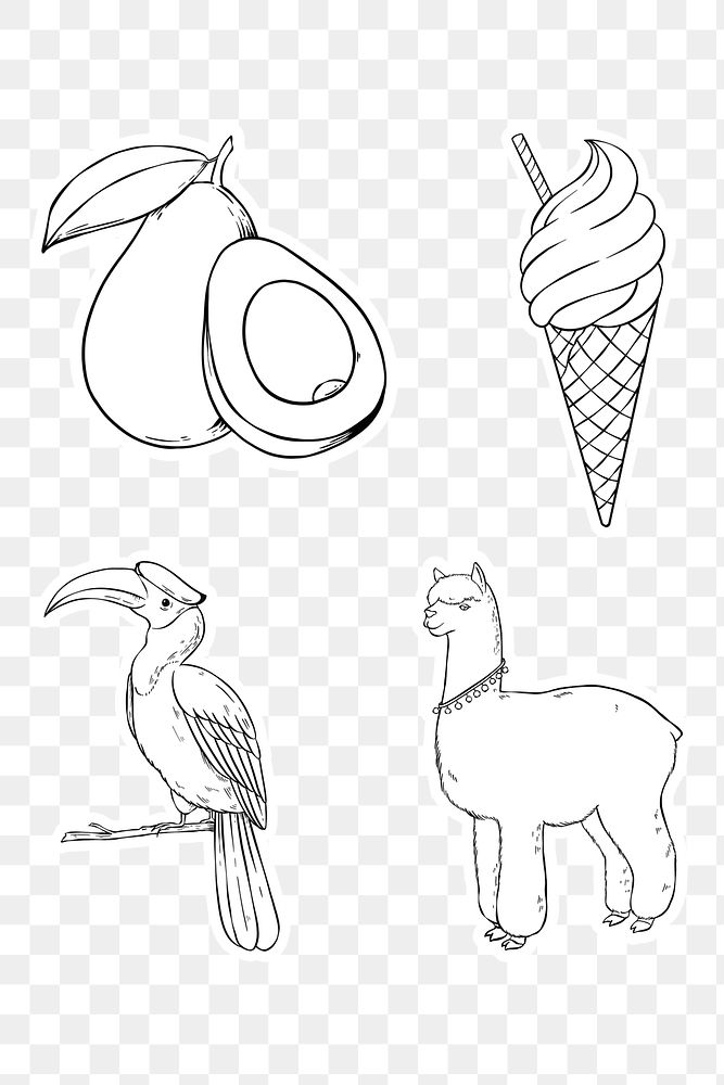 Png animal and food sticker set black and white clipart 