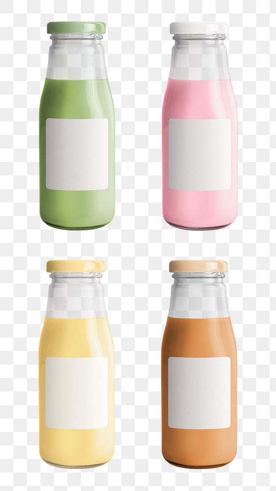 Milk tea in glass bottles with label mockups set 