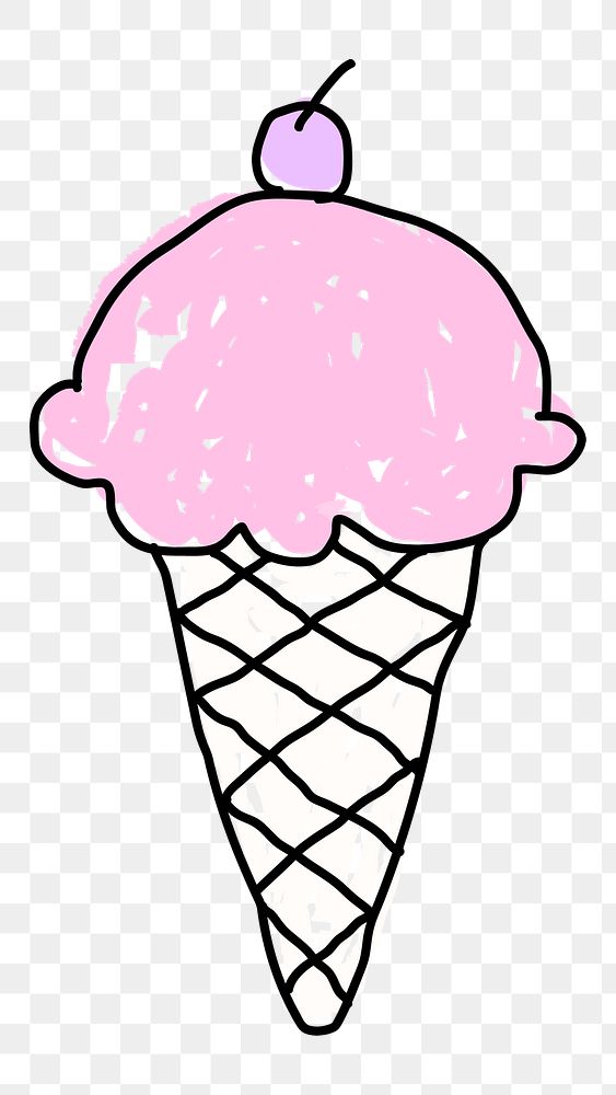 Strawberry ice cream in a waffle cone doodle style design element