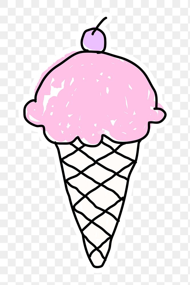 Strawberry ice cream in a waffle cone doodle sticker with a white border design element