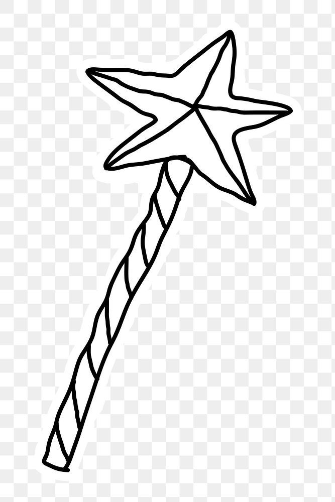 Black and white star fairy wand doodle sticker with a white border design element