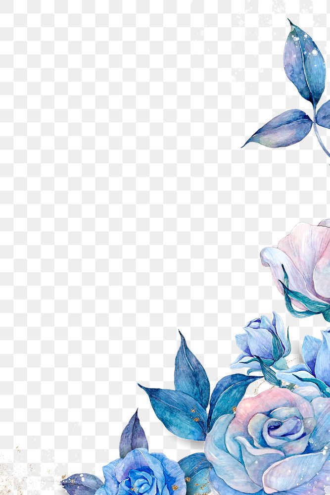 Watercolor rose flower border png in blue