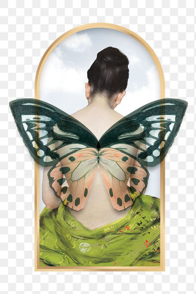 Png nude woman with butterfly wings on golden frame d