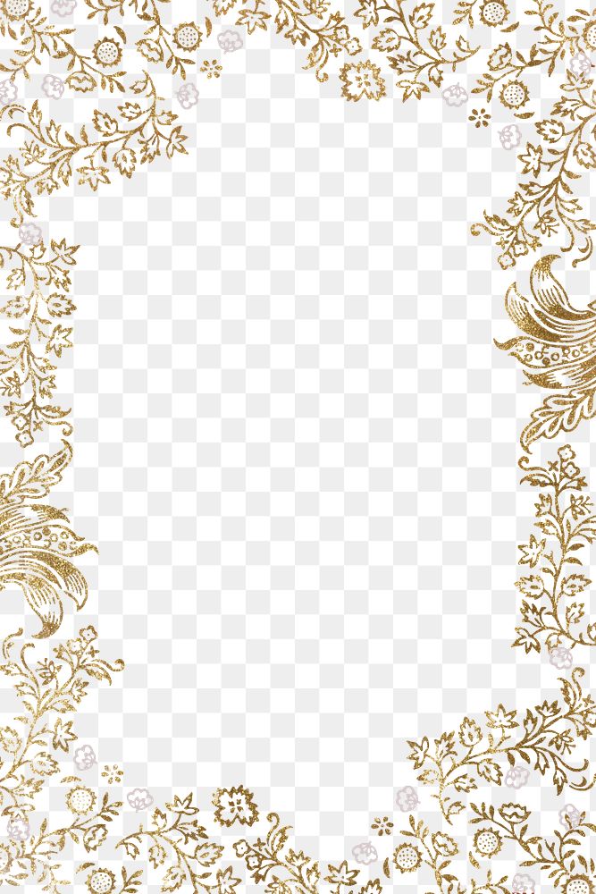 Gold glitter ornamental leaves, flowers frame png pattern