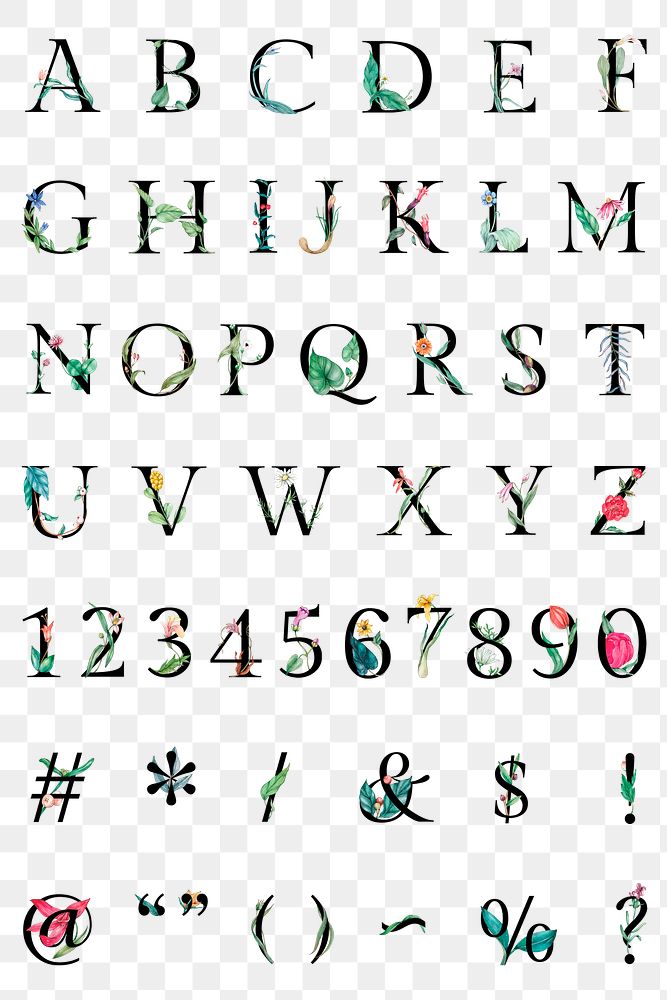 Png alphabet symbol 123 set floral decorated typography