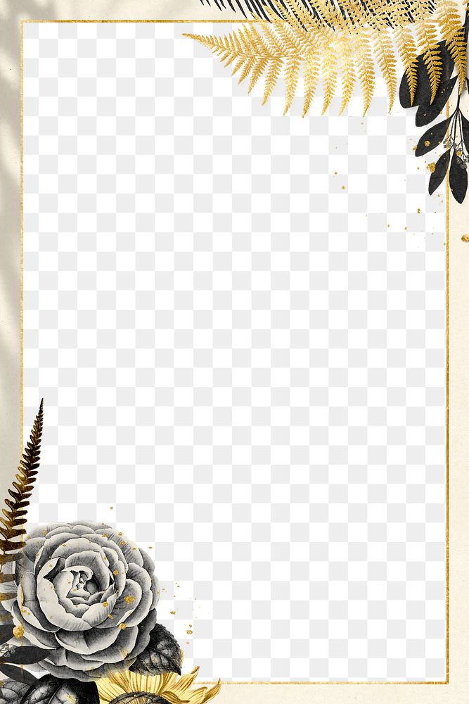 Png camellia fern leaf gold frame on beige textured banner