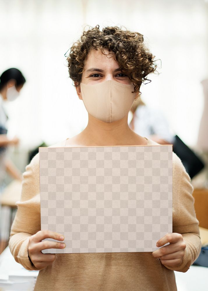 Covid 19, png placard mockup woman wearing a mask 