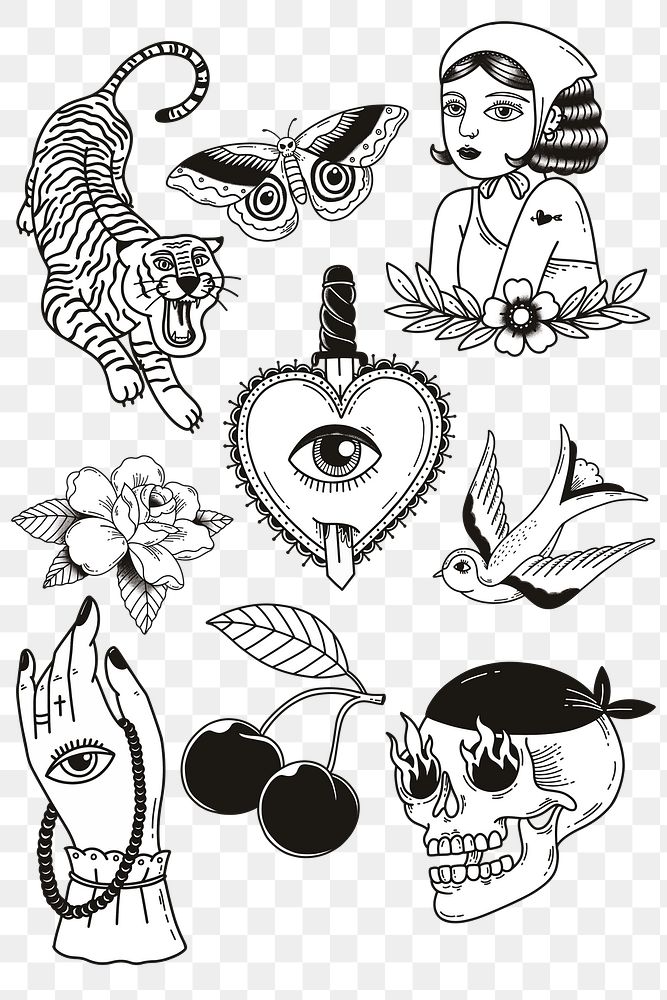 Vintage black & white tattoo design png set
