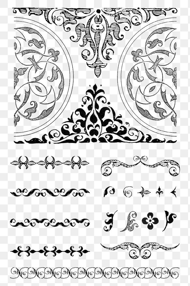Flourish divider vintage png ornamental element set, remix from The Model Book of Calligraphy Joris Hoefnagel and Georg…