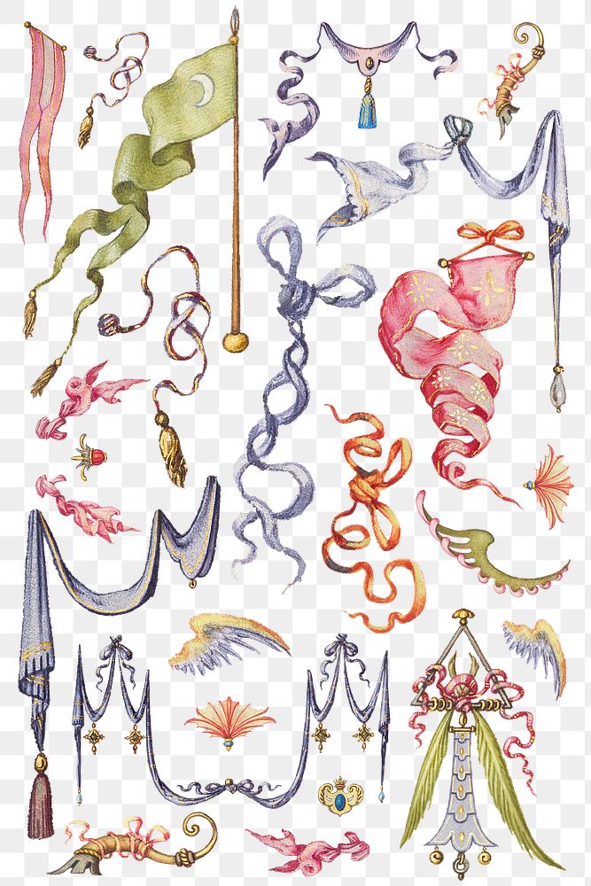 Medieval heraldic ribbon, flag and ornament png set, remix from The Model Book of Calligraphy Joris Hoefnagel and Georg…