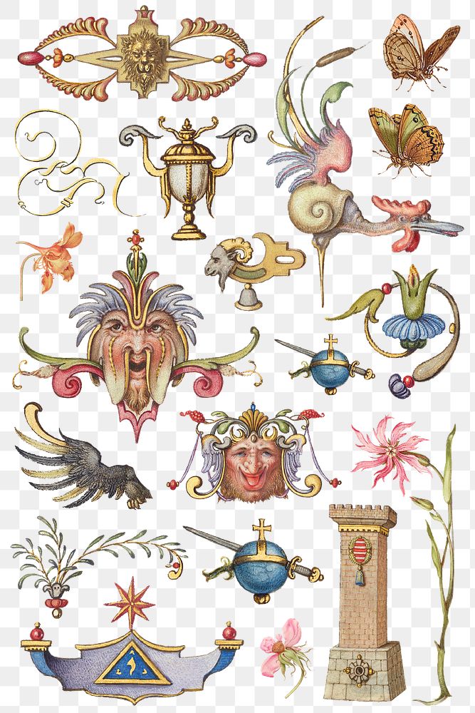 Victorian ornamental decorative png set, remix from The Model Book of Calligraphy Joris Hoefnagel and Georg Bocskay