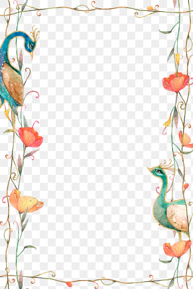 Png frame with watercolor flower and peacock pattern