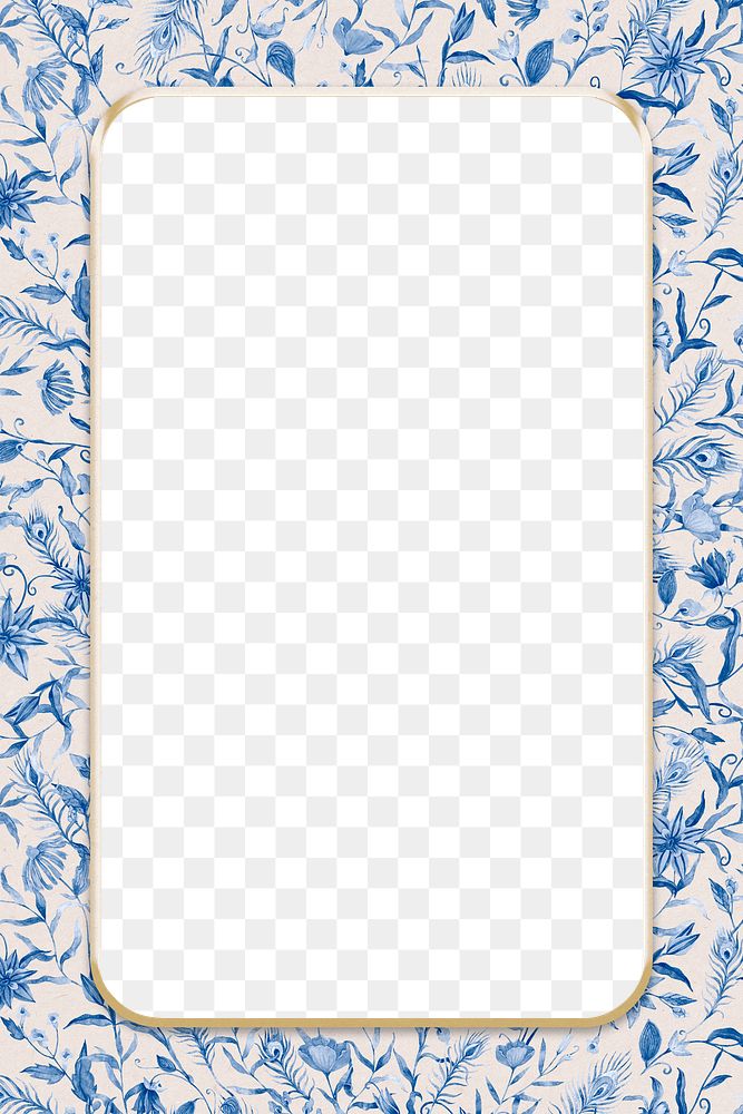 Png floral frame in blue watercolor bone China pattern with transparent background