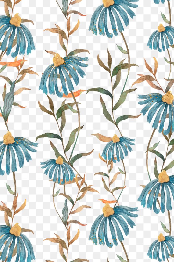 Png watercolor blue flower pattern with transparent background